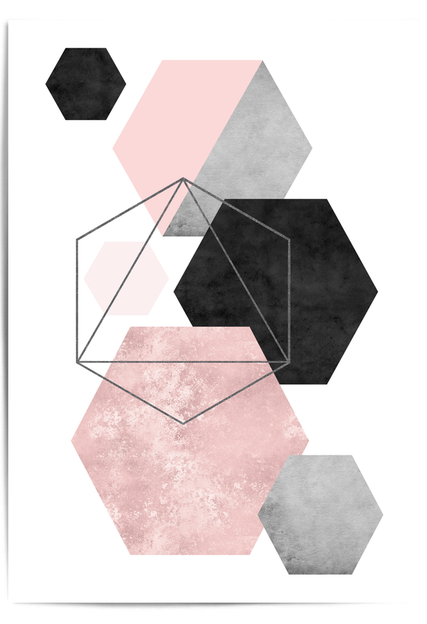 Blush pink and grey geometric wall art print featuring textured hexagon shapes and minimalist black line detail on neutral background.