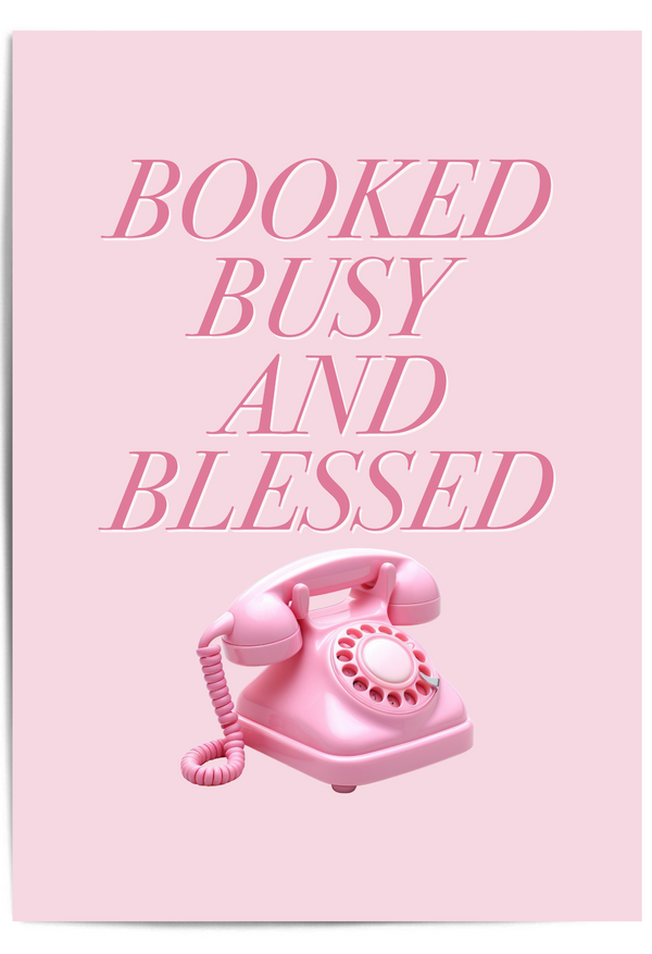 Booked Busy and Blessed pink wall art print with retro telephone illustration styled in a modern living room