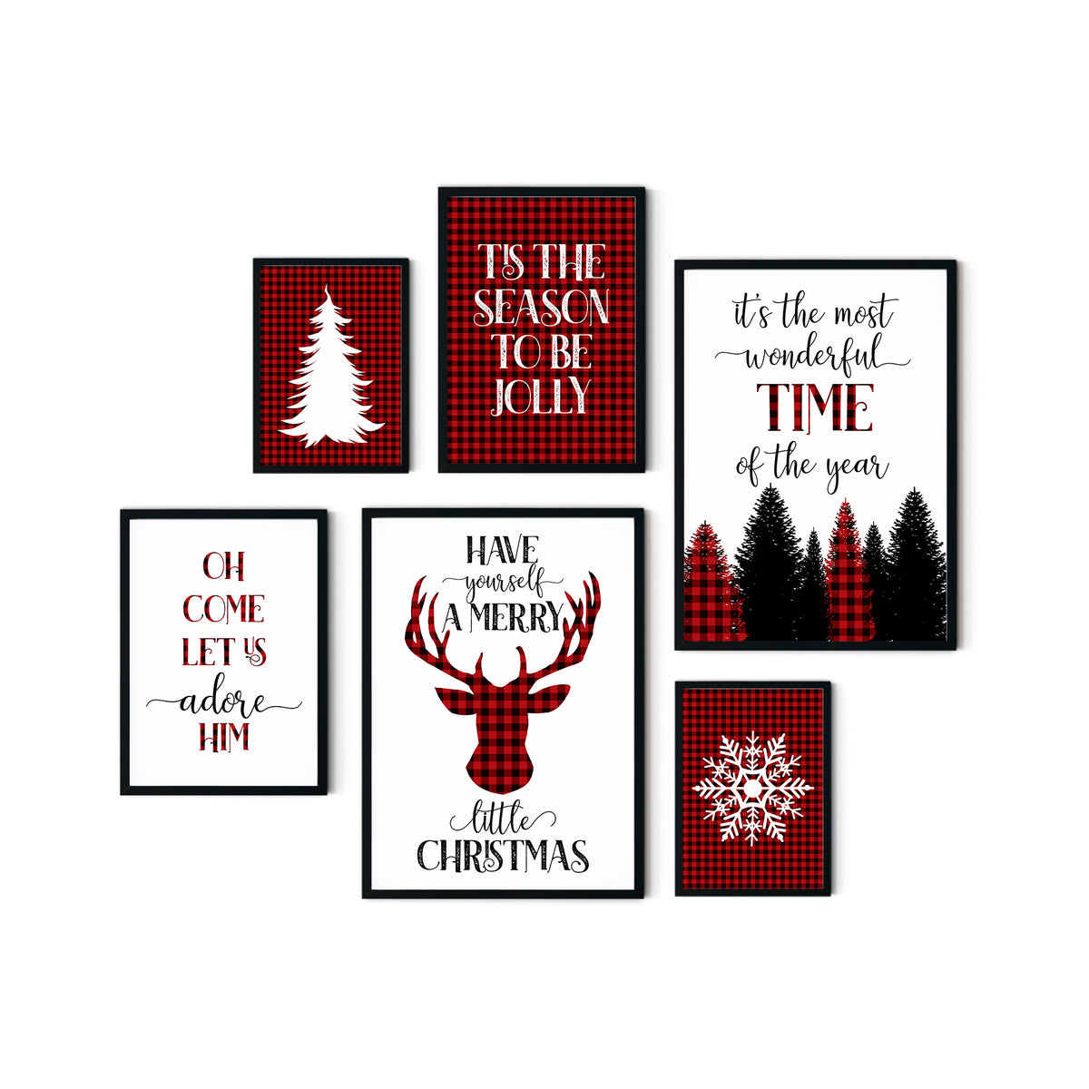 Six red and black buffalo check Christmas printable artworks arranged together