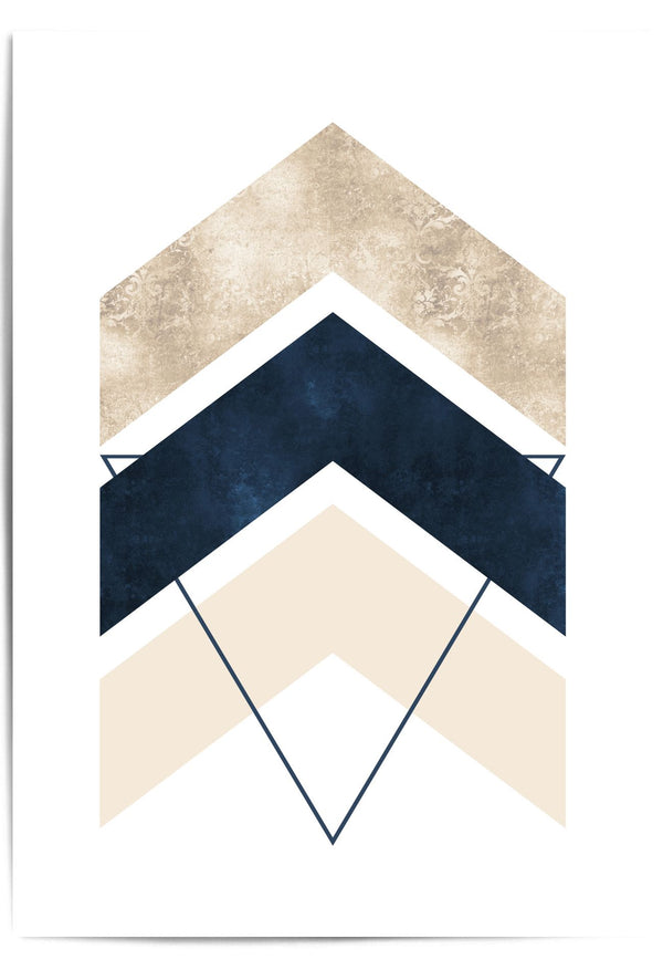 Geometric design with chevron patterns in beige, navy, and white on a white background