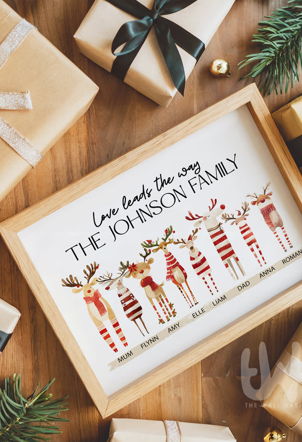Framed family name plaque with reindeer illustrations on a wooden surface with gift boxes.