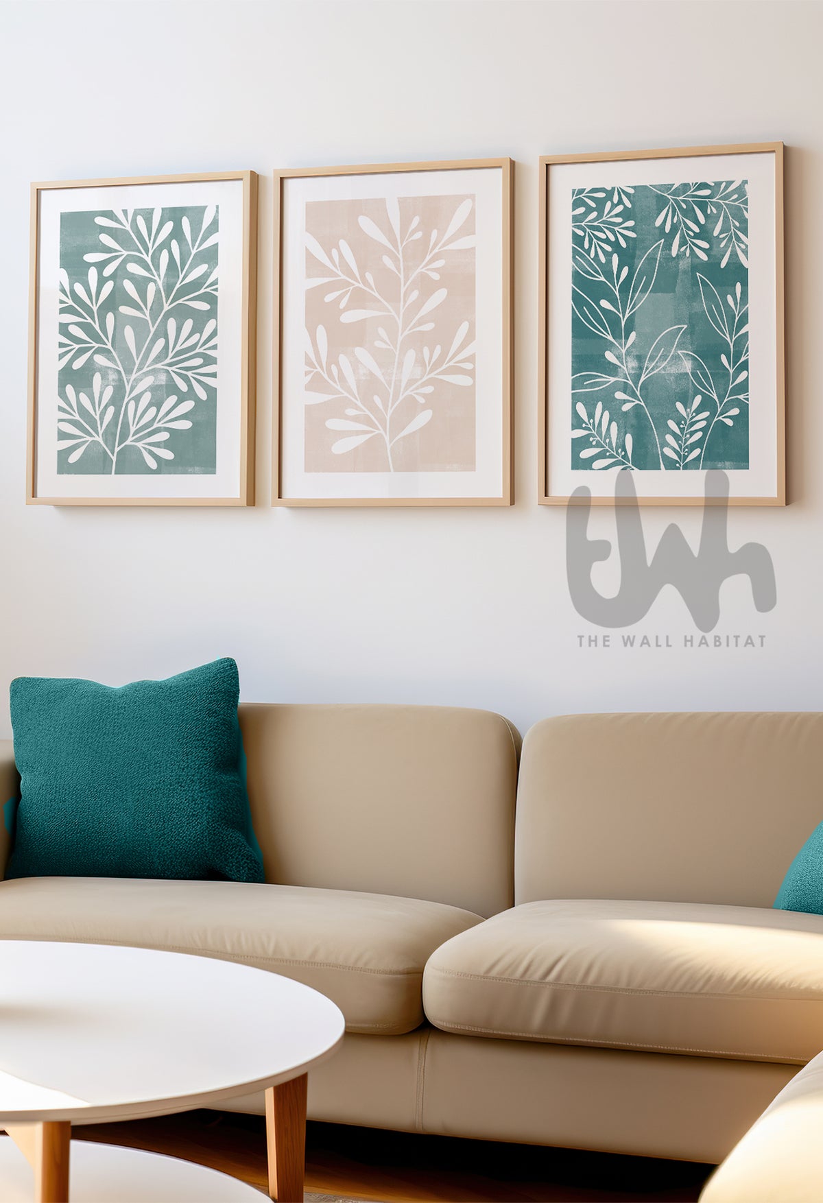 teal and beige beach house prints