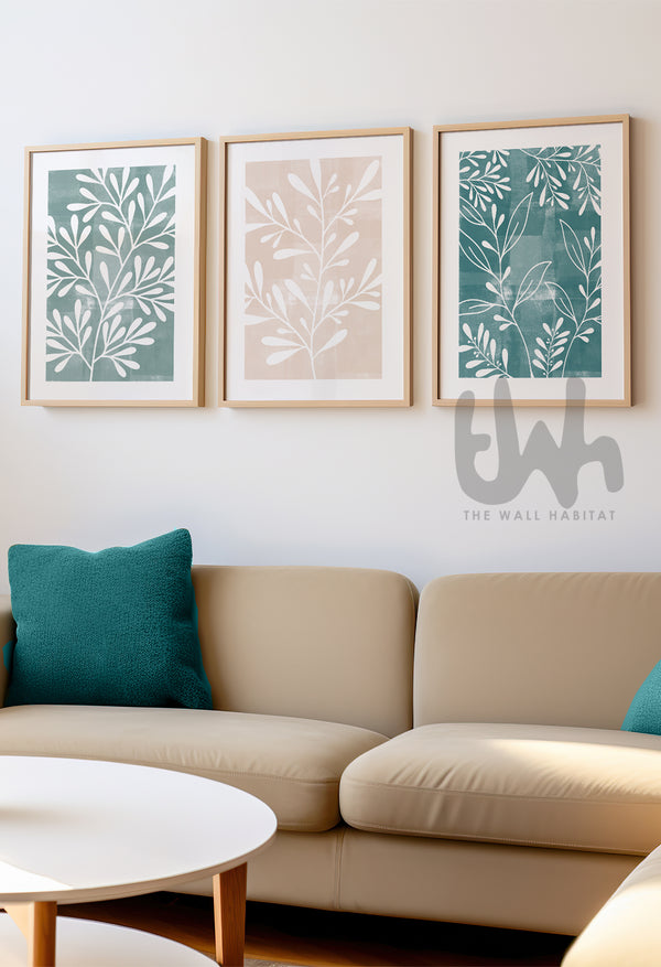 teal and beige beach house prints