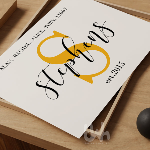 Close-up of a personalized family wall print with a bold yellow S monogram, black script surname 'Stephens', and family members’ names in all caps