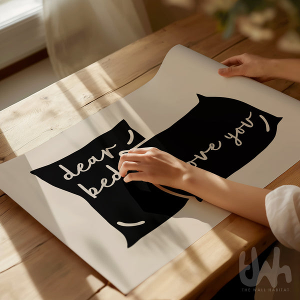 Dear Bed I Love You Wall Art – Minimalist Pillow Print | Modern Bedroom Quote Poster