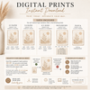 An infographic template for digital art prints, titled 'DIGITAL PRINTS Instant Download'. It features a size guide for different aspect ratios (2:3, 3:4, 4:5, 11x14) with dimensions and format options like A4, A5, and ISO.