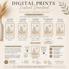 An infographic poster titled 'DIGITAL PRINTS Instant Download' detailing size options, ratios, paper sizes, and printing instructions for custom framed art prints.