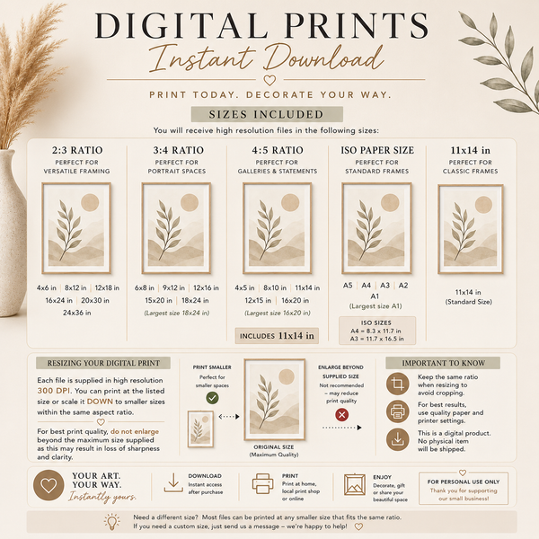 An infographic poster titled 'DIGITAL PRINTS Instant Download' detailing size options, ratios, paper sizes, and printing instructions for custom framed art prints.