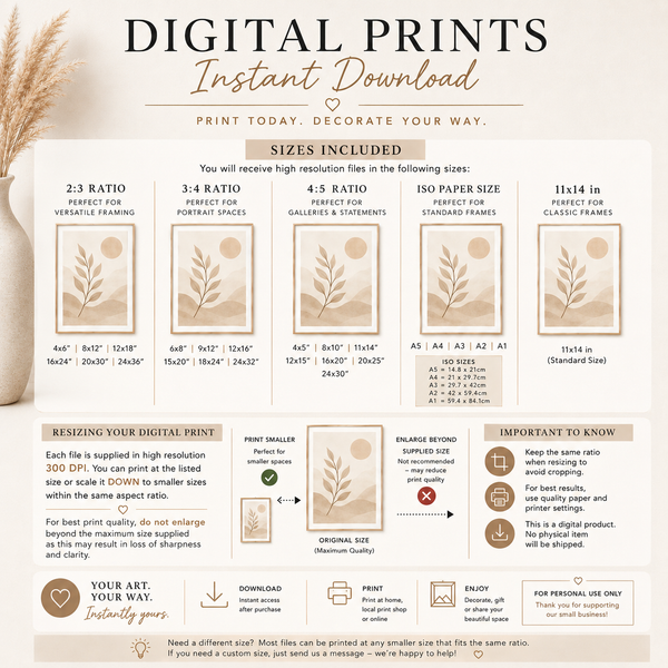 An infographic template for digital art prints, titled 'DIGITAL PRINTS Instant Download'. It features a size guide for different aspect ratios (2:3, 3:4, 4:5, 11x14) with dimensions and format options like A4, A5, and ISO.