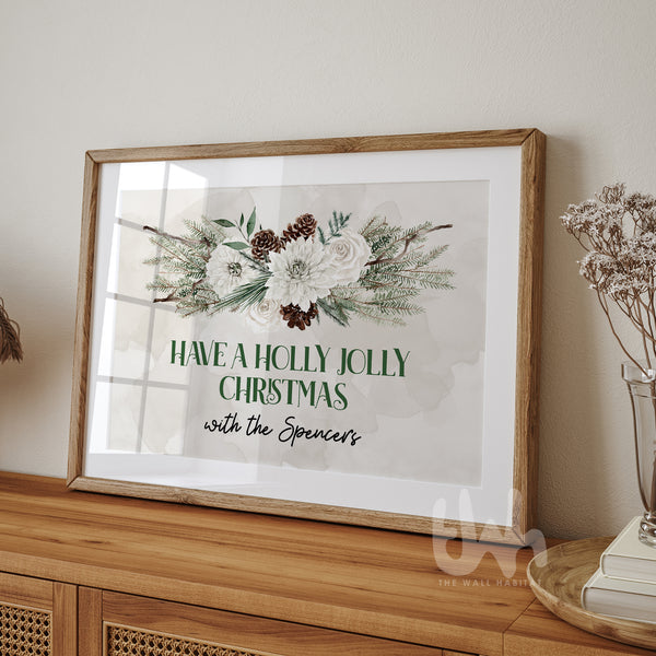 Personalised Holly Jolly Christmas Sign – Custom Family Name Christmas Wall Art – Rustic Green Farmhouse Holiday Decor Print