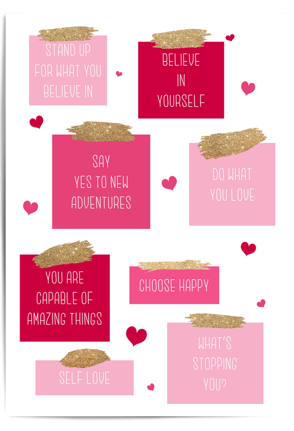 Galentine’s Day affirmation wall art with pink motivational quotes and heart accents