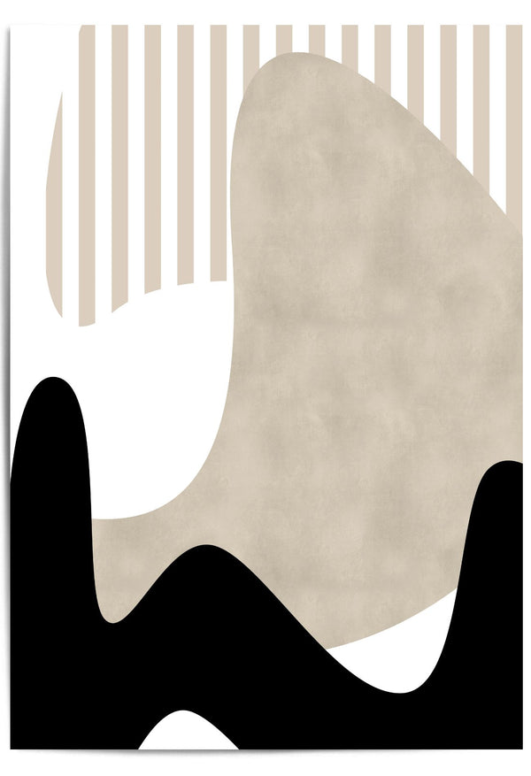 Abstract art piece with wavy shapes in black, white, and beige on a white background