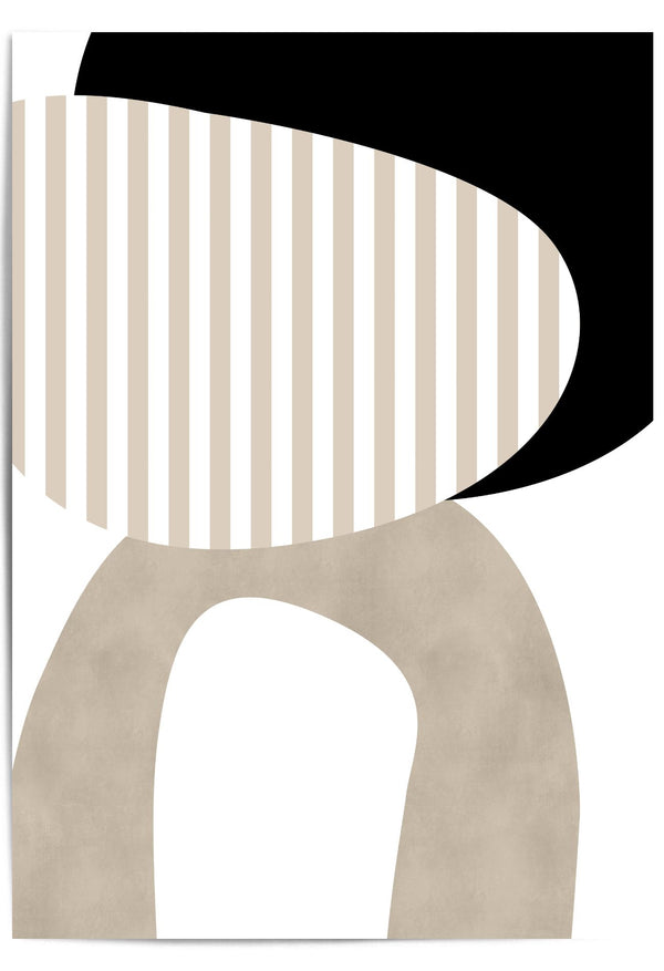 Abstract art piece with geometric shapes in black, white, and beige.