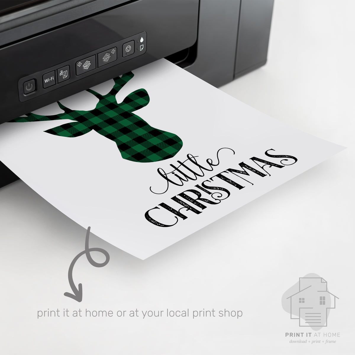 Green buffalo check Christmas tree printable with white evergreen silhouette
