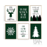 Green and black buffalo plaid Christmas wall art set of 6 in gold frames featuring festive quotes, reindeer, snowflake and tree