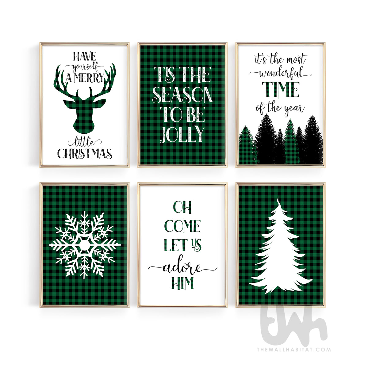Green and black buffalo plaid Christmas wall art set of 6 in gold frames featuring festive quotes, reindeer, snowflake and tree