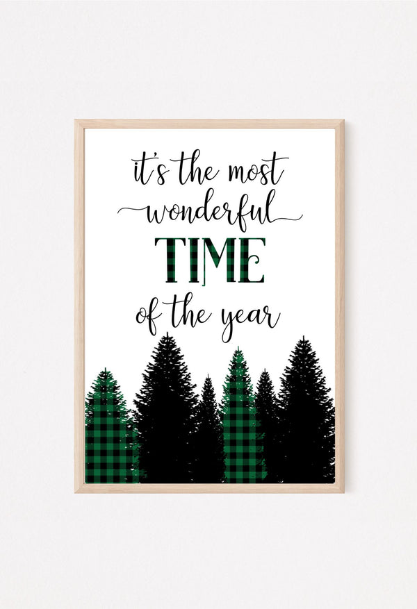 It’s the Most Wonderful Time of the Year Wall Art – Green Buffalo Plaid Christmas Tree Print