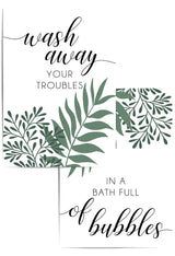 wash away your troubles bathroom prints in green grey