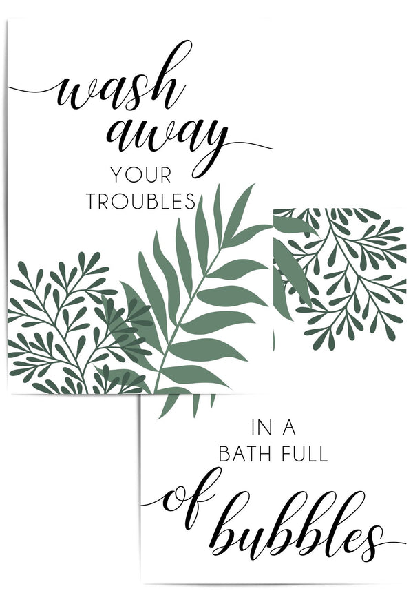wash away your troubles bathroom prints in green grey