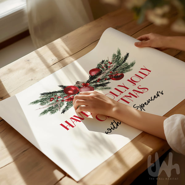 Personalised Holly Jolly Christmas Sign – Custom Family Name Holiday Wall Art – Rustic Christmas Home Decor Print