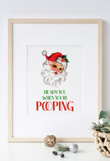 Vintage Santa Christmas bathroom printable in natural oak frame with red and green funny toilet quote