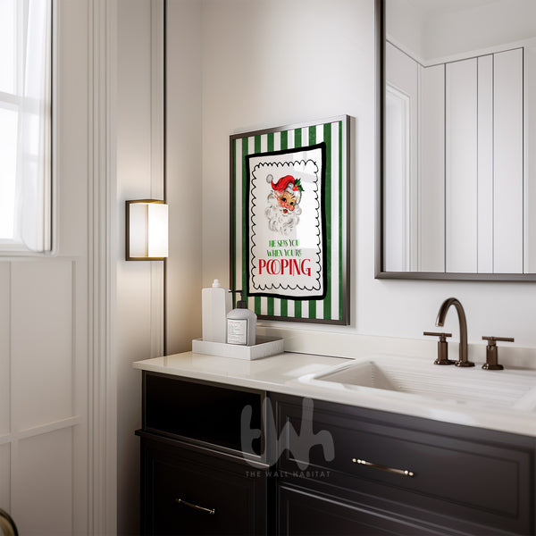 Funny Santa bathroom Christmas décor hanging on wall – green striped print