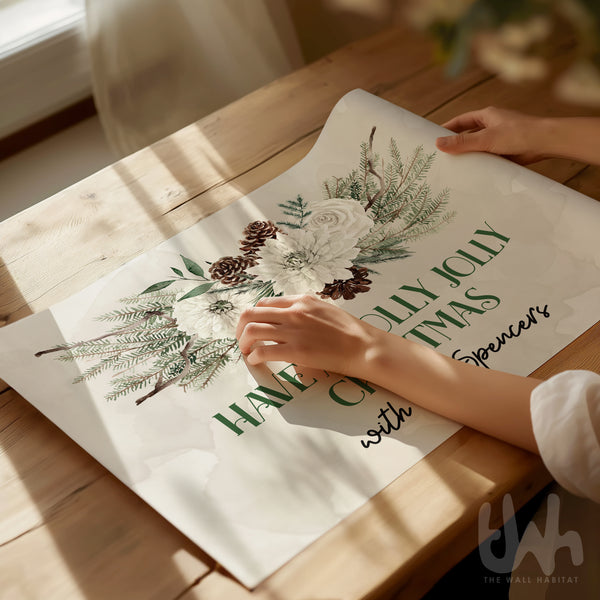 Personalised Holly Jolly Christmas Sign – Custom Family Name Christmas Wall Art – Rustic Green Farmhouse Holiday Decor Print