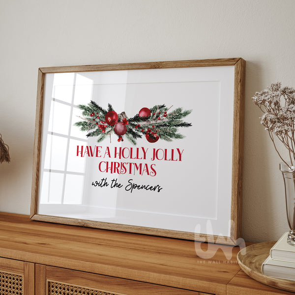 Personalised Holly Jolly Christmas Sign – Custom Family Name Holiday Wall Art – Rustic Christmas Home Decor Print