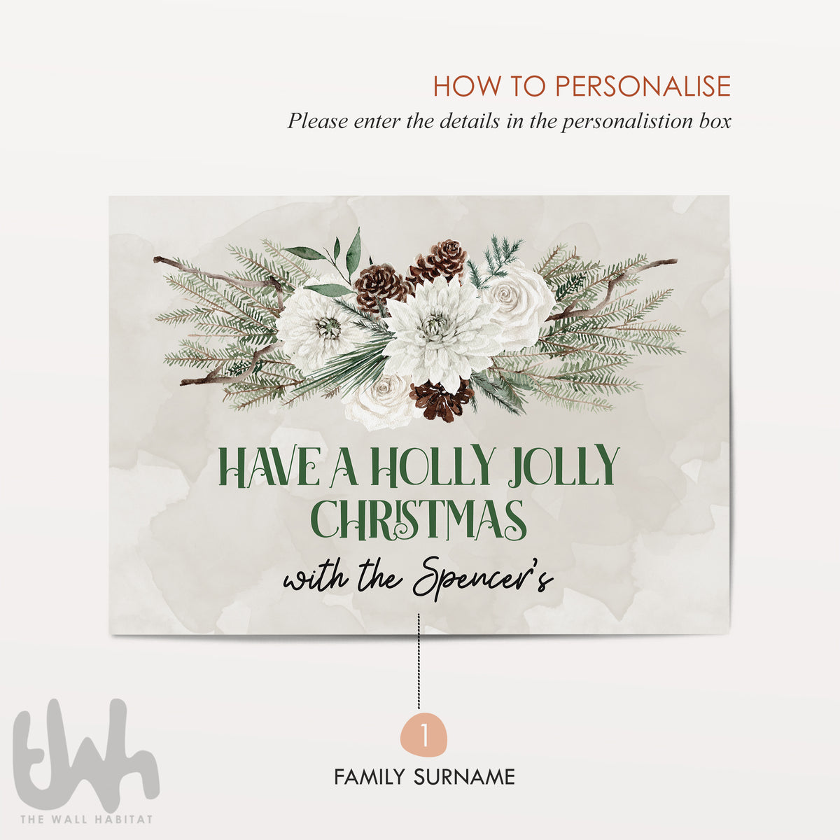Personalised Holly Jolly Christmas Sign – Custom Family Name Christmas Wall Art – Rustic Green Farmhouse Holiday Decor Print