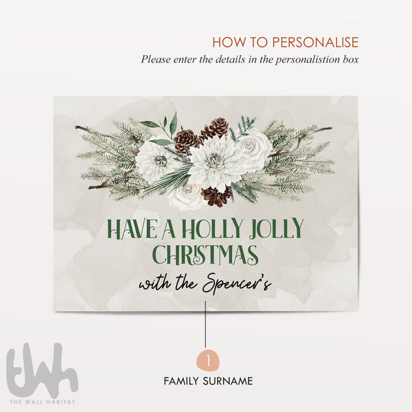 Personalised Holly Jolly Christmas Sign – Custom Family Name Christmas Wall Art – Rustic Green Farmhouse Holiday Decor Print