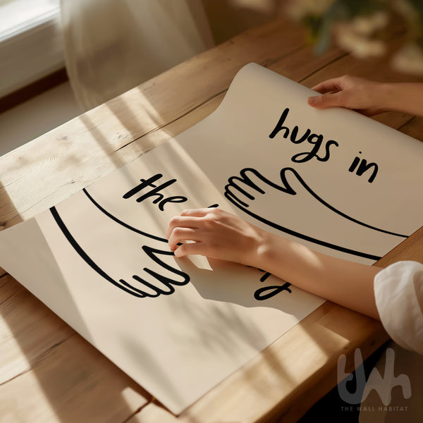 Hugs in the Hallway – Minimalist Family Wall Art Print | Warm Neutral Poster for Entryways & Hallways