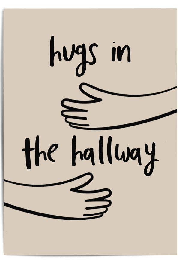 Hugs in the Hallway' featuring illustrated arms reaching out on a soft beige background, perfect for family home décor