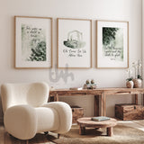 Christian Christmas wall art set of 3 featuring sage green nativity and Bible verse prints in oak frames