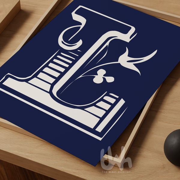 Personalized floral monogram wall art featuring a detailed white letter 'L' with botanical elements on a navy blue background, displayed on a wooden tray