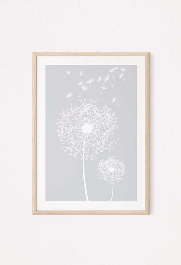 large light grey dandelion flower print displayed in a frame