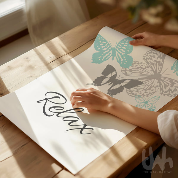 Set of 3 Bathroom Wall Art Prints – Light Teal & Grey Butterfly Spa Decor – “Relax Soak Unwind” Quote Prints – Tranquil Bathroom or Home Spa Artwork