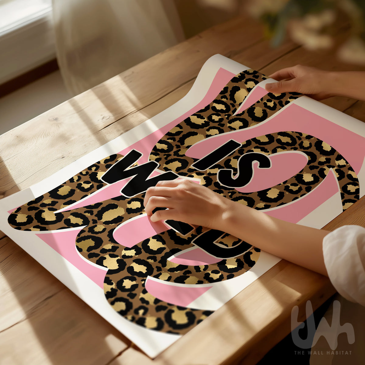 Love is wild pink leopard print wall art statement poster in gold frame