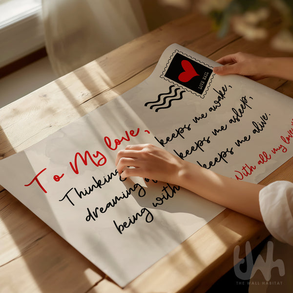 Above-the-bed framed quote print with romantic love letter in black and red text, perfect for couples’ bedroom wall art