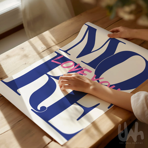 Love You More Typography Wall Art – Navy Blue & Pink Romantic Print