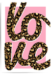 Pink leopard print wall art featuring the word love in bold leopard typography, modern fashion inspired home decor print