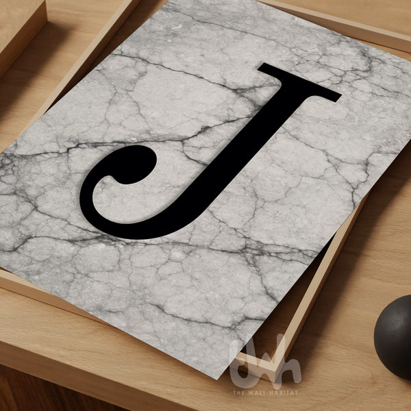 Marble Monogram Wall Art – Personalized Initial Print | Black Letter on Grey Marble Background Poster
