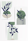 Set of 3 Navy Blue & Sage Green Mid-Century Modern Wall Art Prints – Abstract Botanical Poster Set for Living Room, Bedroom, or Office