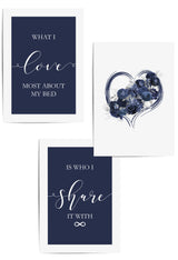 Navy blue and silver bedroom prints