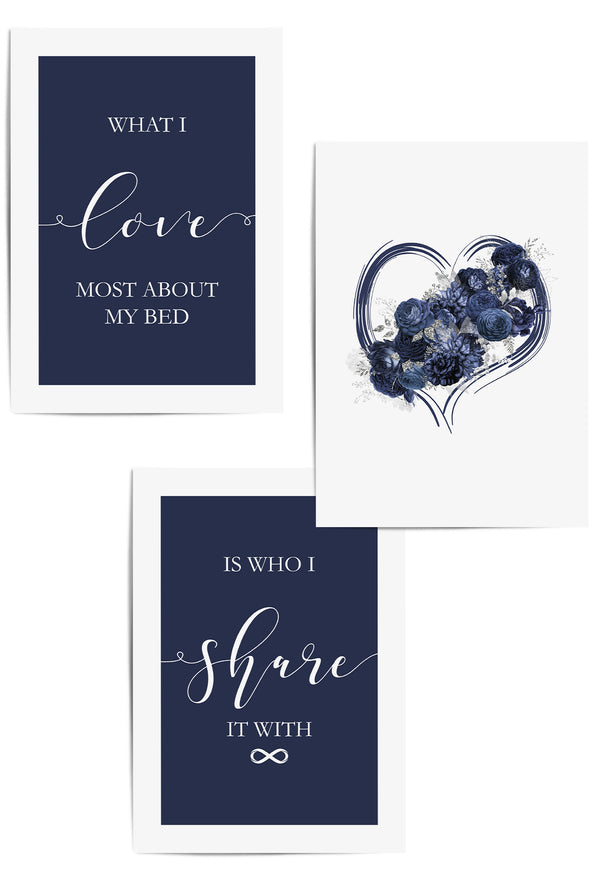 Navy blue and silver bedroom prints