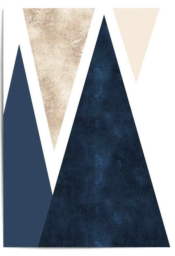 Abstract art print with geometric shapes in blue, beige, and white on a white background