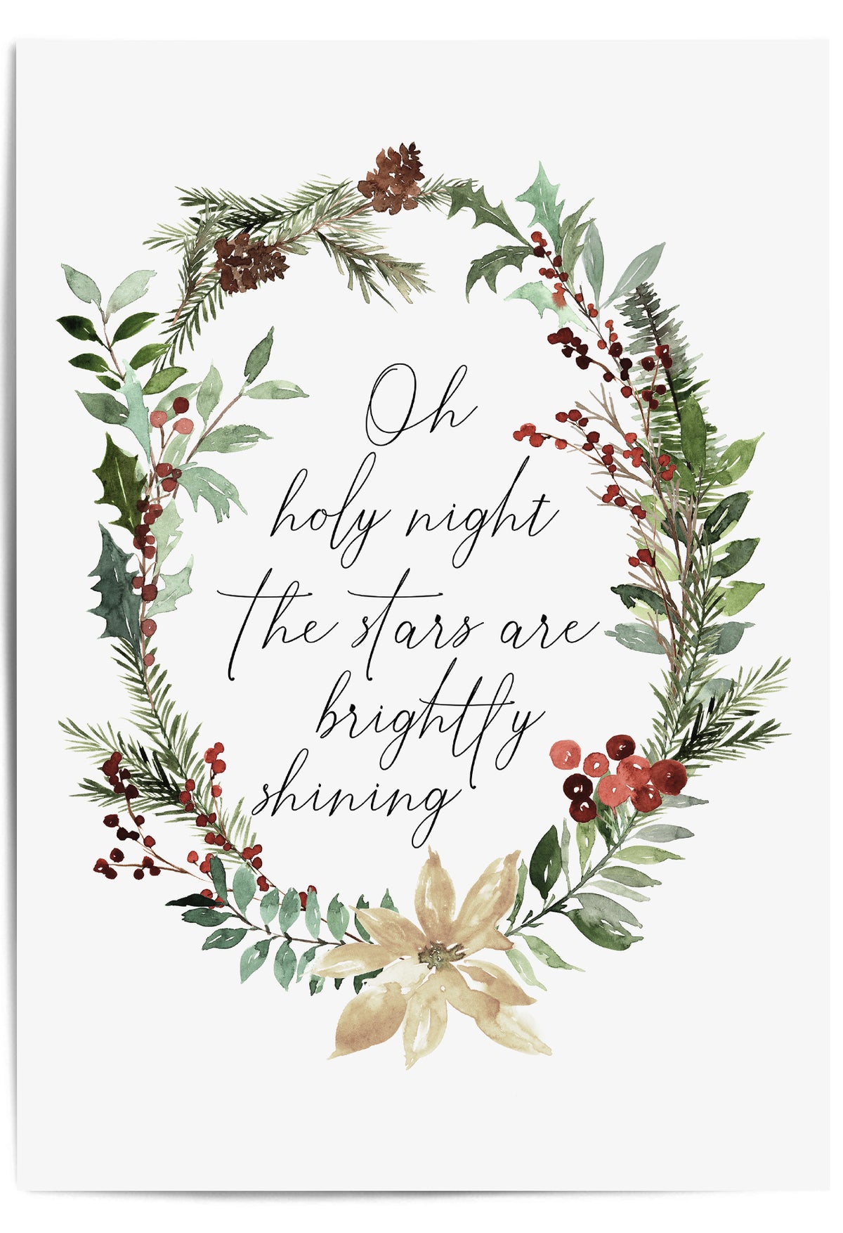 Oh Holy Night Christmas wall art print with watercolor wreath design
