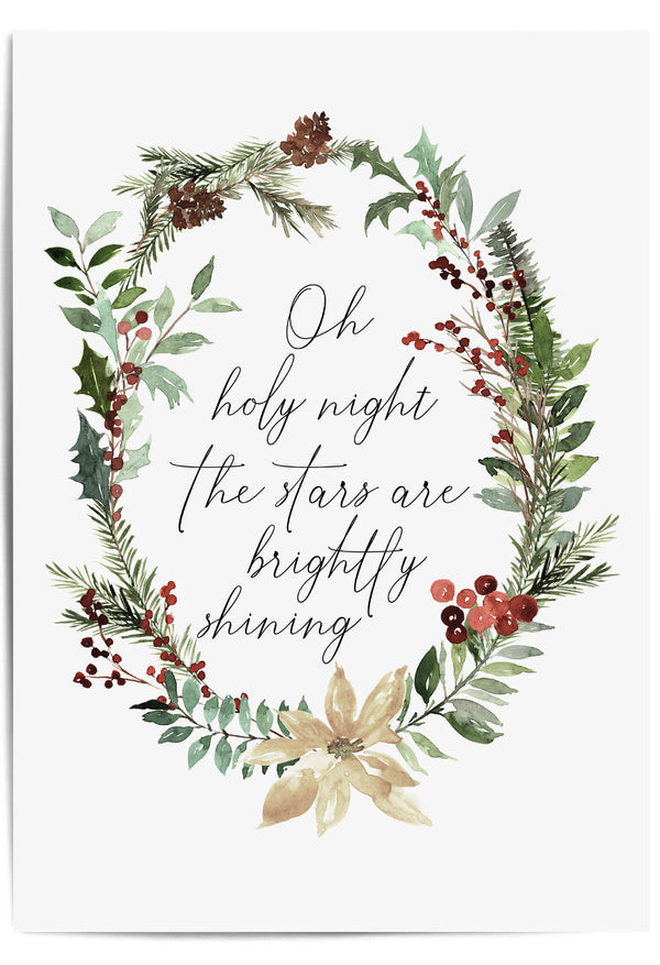Oh Holy Night Christmas wall art print with watercolor wreath design