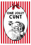 Vintage-style Santa Claus illustration with text on a red and white striped background