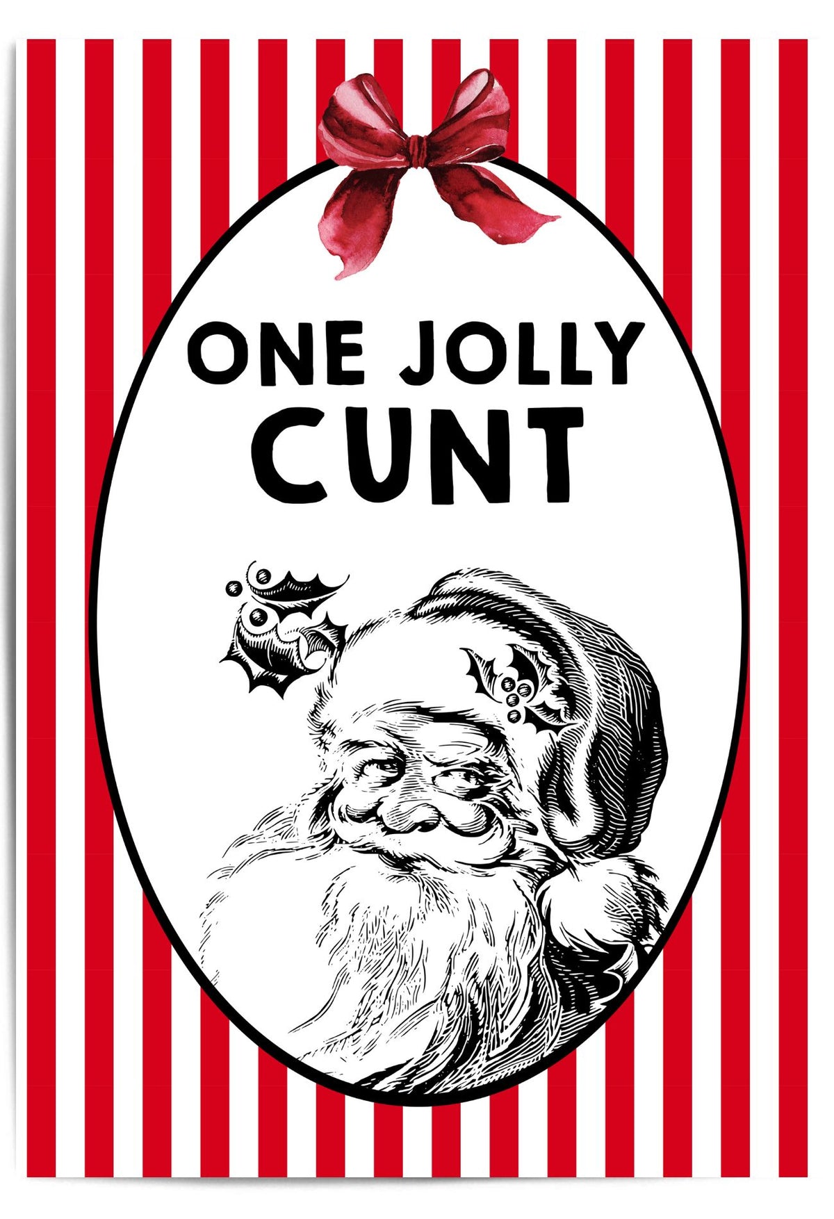 Vintage-style Santa Claus illustration with text on a red and white striped background