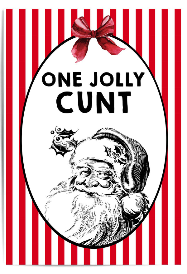 Vintage-style Santa Claus illustration with text on a red and white striped background